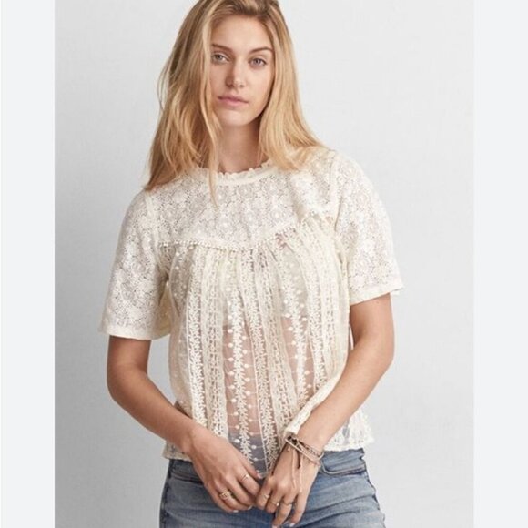 American Eagle Outfitters Cream Pleated Lace Bib Collar Blouse Size Small - Picture 1 of 6